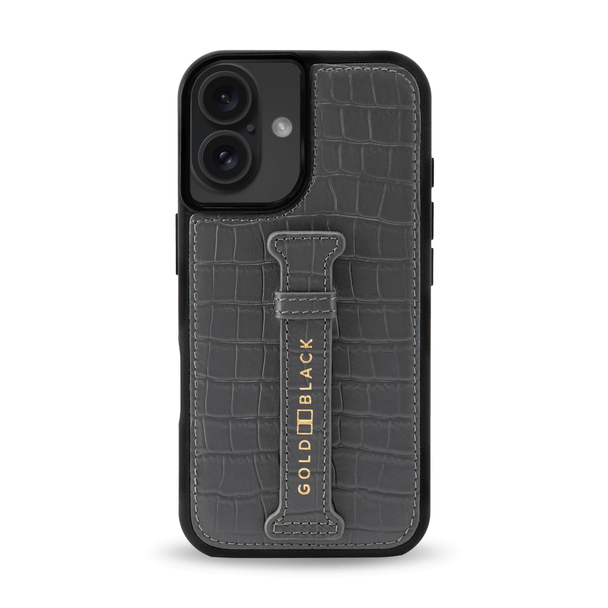 iPhone 16 Lederhülle CrocPrestige grau mit Fingerschlaufe - GOLDBLACKpremium