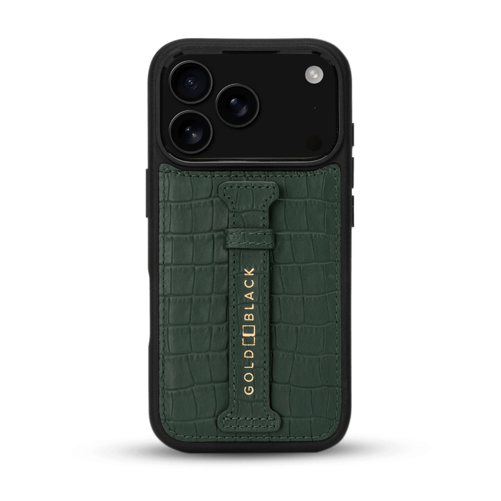 iPhone 17 Pro Lederhülle CrocPrestige - mit Fingerschlaufe - GOLDBLACKpremium