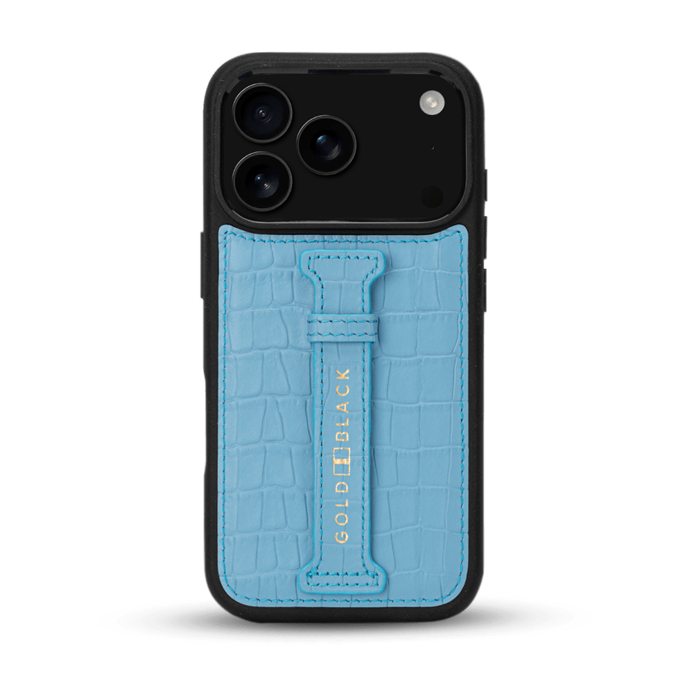 iPhone 17 Pro Lederhülle CrocPrestige - mit Fingerschlaufe - GOLDBLACKpremium