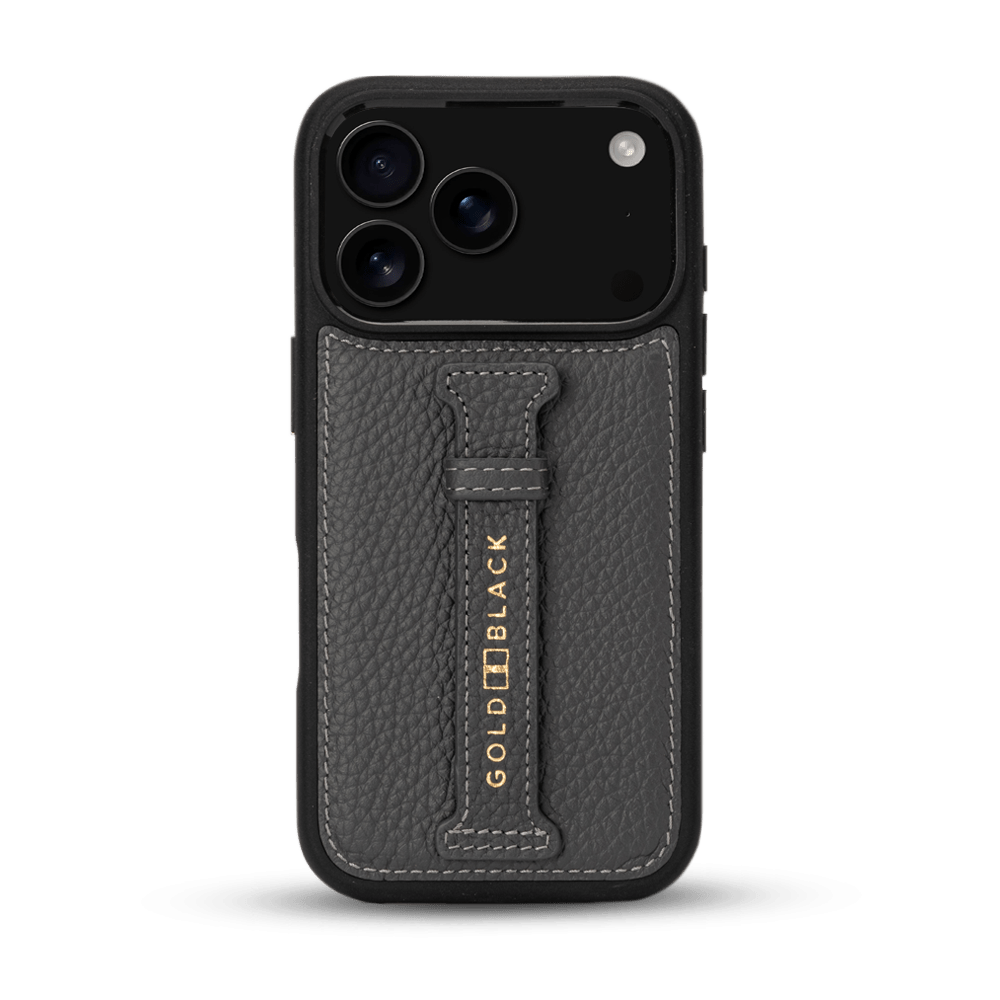 iPhone 17 Pro Lederhülle Nappa - mit Fingerschlaufe - GOLDBLACKpremium