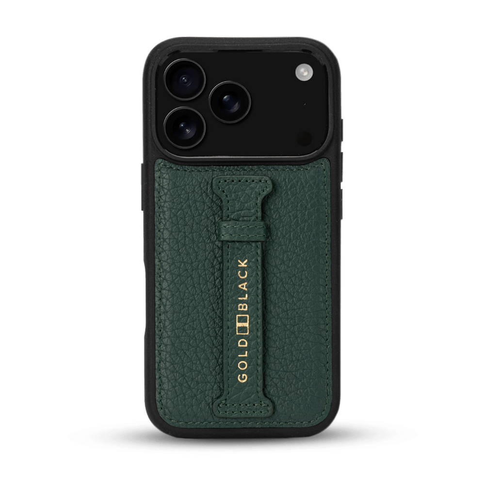 iPhone 17 Pro Lederhülle Nappa - mit Fingerschlaufe - GOLDBLACKpremium