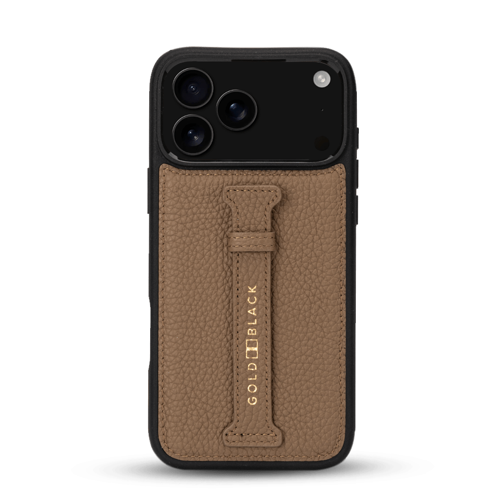 iPhone 17 Pro Max Lederhülle Nappa - mit Fingerschlaufe - GOLDBLACKpremium