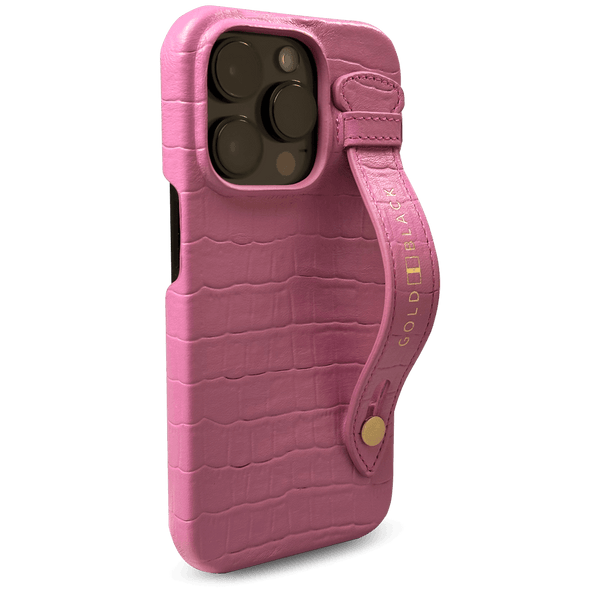 iPhone 14 Pro Slim Lederhülle Kroko-Prägung pink mit Fingerschlaufe - GOLDBLACKpremium