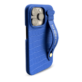 iPhone 14 Pro Slim Lederhülle Kroko-Prägung Blau mit Fingerschlaufe - GOLDBLACKpremium