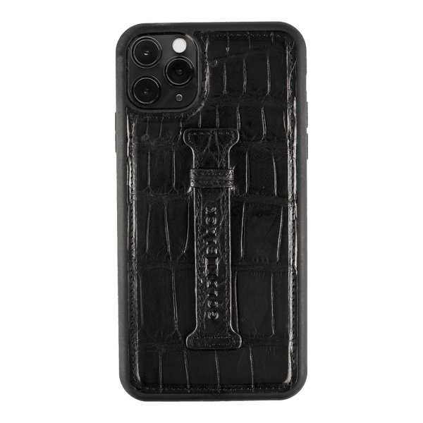iPhone 11 Pro Max Lederhülle mit Fingerschlaufe Krokodilleder Schwarz - GOLDBLACKpremium