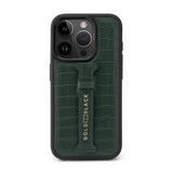 iPhone 16 Pro Leather Case CrocPrestige green with finger loop - GOLDBLACKpremium