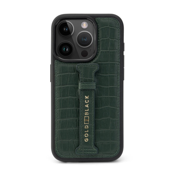 iPhone 16 Pro Leather Case CrocPrestige green with finger loop - GOLDBLACKpremium