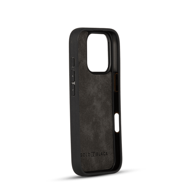 iPhone 16 Pro Lederhülle CrocPrestige schwarz mit Fingerschlaufe - GOLDBLACKpremium