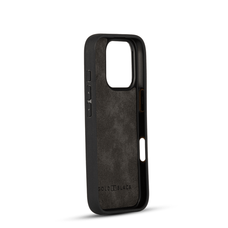 iPhone 16 Pro Lederhülle CrocPrestige schwarz mit Fingerschlaufe - GOLDBLACKpremium