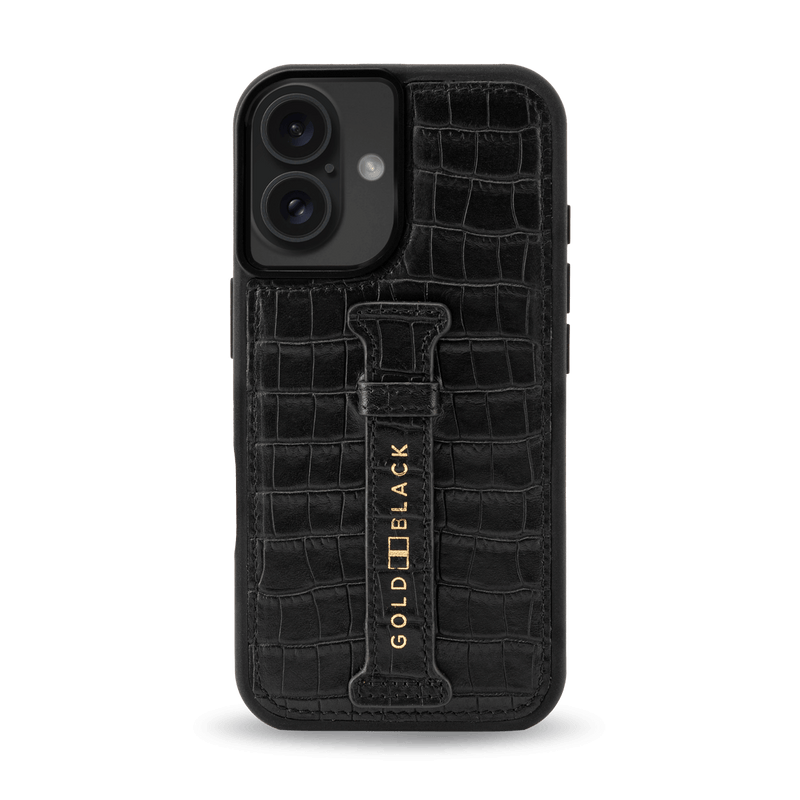 iPhone 16 Lederhülle CrocPrestige schwarz mit Fingerschlaufe - GOLDBLACKpremium