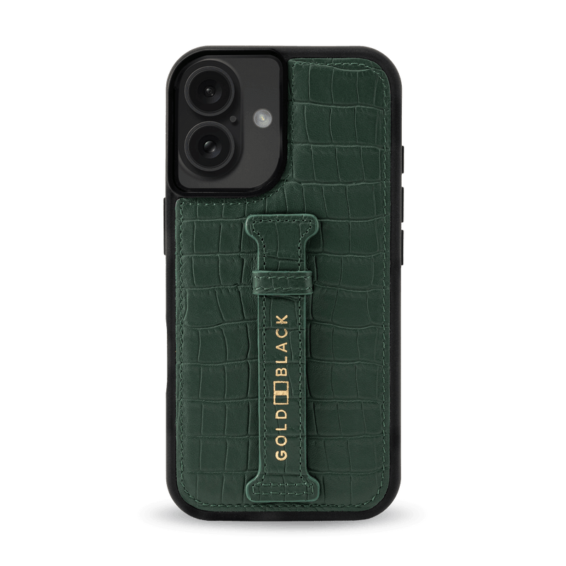 iPhone 16 leather case CrocPrestige Green with fingerstrap