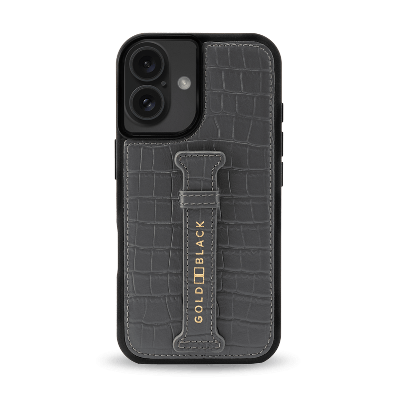 iPhone 16 Leather Case CrocPrestige Grey with fingerstrap