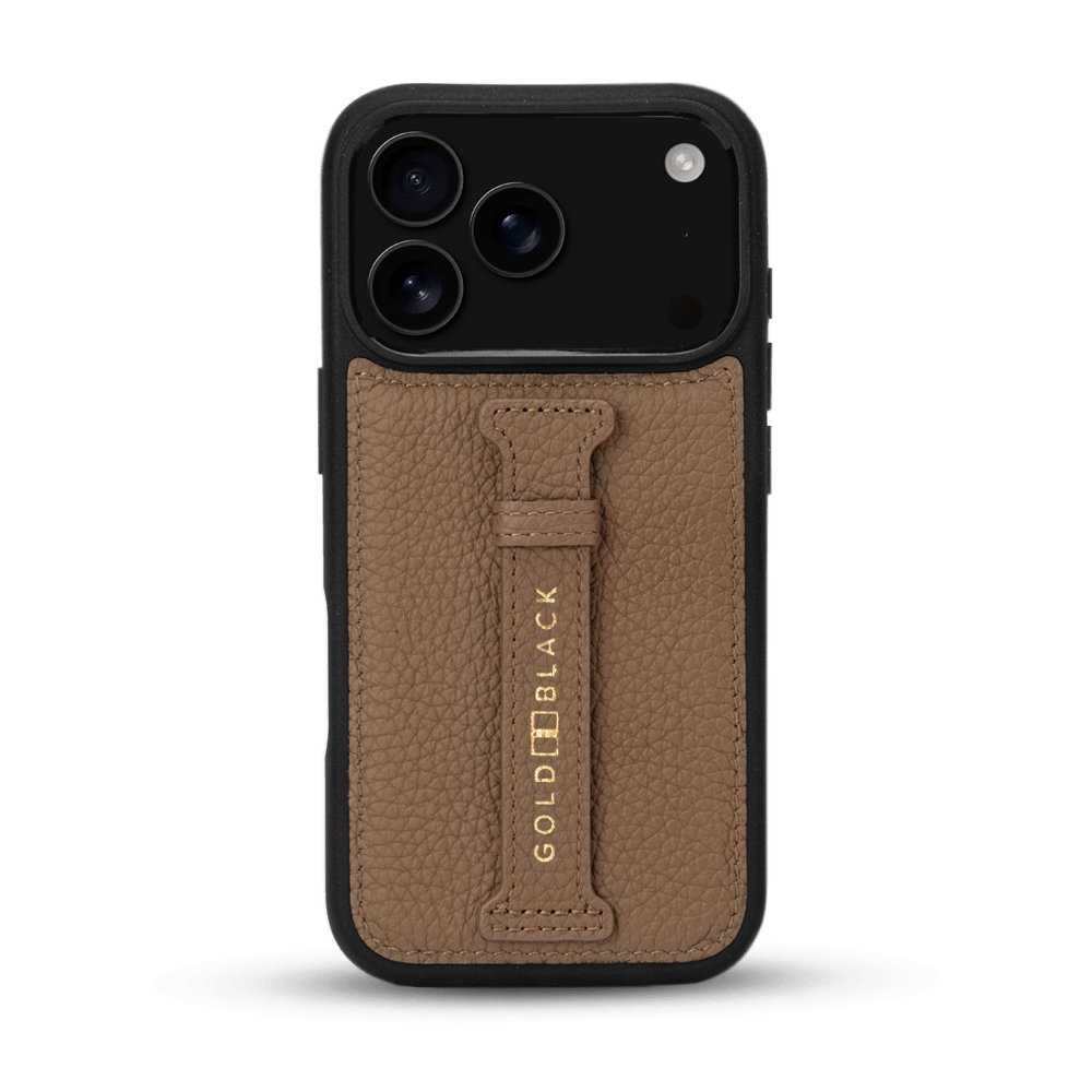 iPhone 17 Pro Lederhülle Nappa - mit Fingerschlaufe - GOLDBLACKpremium