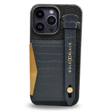 iPhone 14 Pro Max Slim Lederhülle Kroko-Prägung Navy Blau mit Kartenetui und Schlaufe - GOLDBLACKpremium