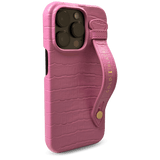 iPhone 14 Pro Slim Lederhülle Kroko-Prägung pink mit Fingerschlaufe - GOLDBLACKpremium