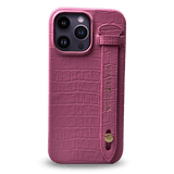 iPhone 14 Pro Max Slim Lederhülle Kroko-Prägung pink mit Fingerschlaufe - GOLDBLACKpremium
