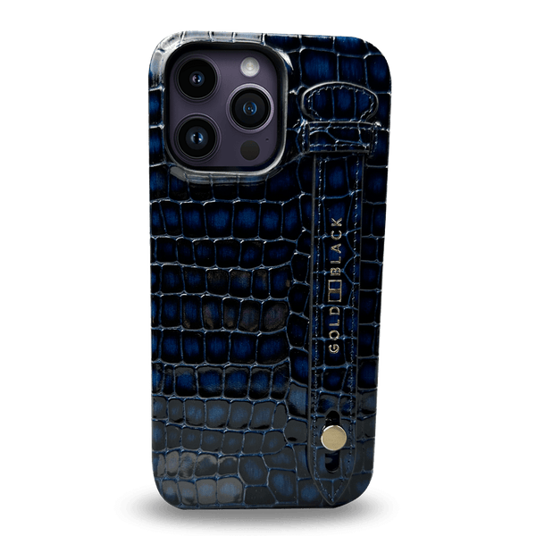 iPhone 14 Pro Max Slim Lederhülle Milano-Design blau mit Fingerschlaufe - GOLDBLACKpremium