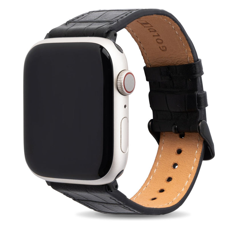 Apple Watch Leder Armband Kroko-Prägung schwarz(Adapter schwarz) - GOLDBLACKpremium