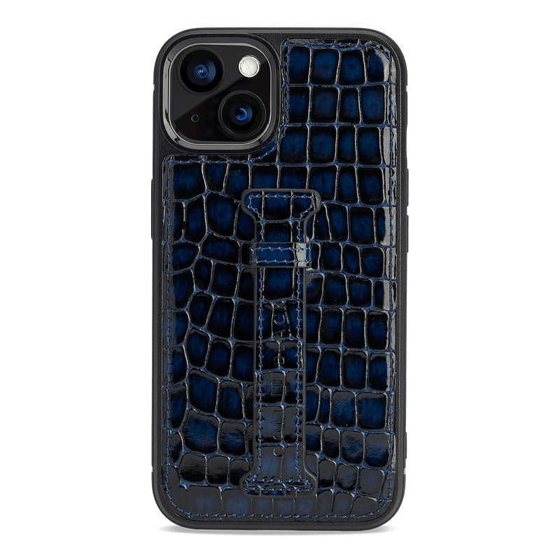 iPhone 13 Leder Case mit Fingerschlaufe MILANO-Design blau