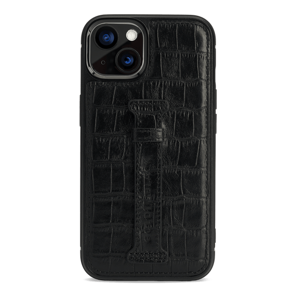 iPhone 13 Leder Case mit Fingerschlaufe Kroko-Prägung schwarz - GOLDBLACKpremium