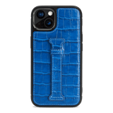 iPhone 13 Leder Case mit Fingerschlaufe Kroko-Prägung blau - GOLDBLACKpremium