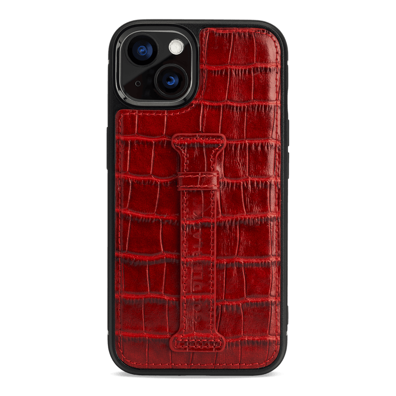 iPhone 13 Leder Case mit Fingerschlaufe Kroko-Prägung rot - GOLDBLACKpremium
