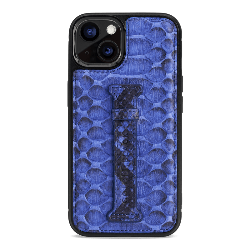 iPhone 13 Leder Case mit Fingerschlaufe Python blau - GOLDBLACKpremium