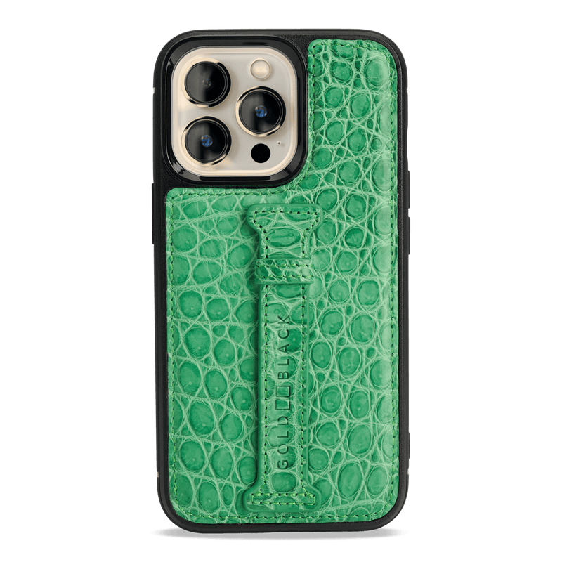 iPhone 13 Pro Leder Case mit Fingerschlaufe Krokodil grün - GOLDBLACKpremium