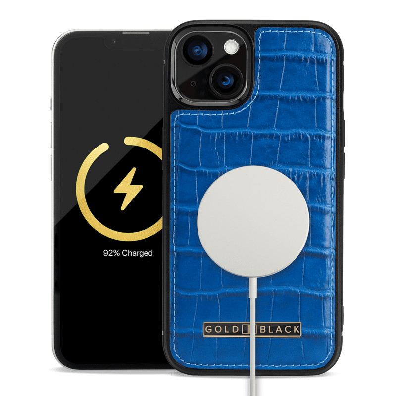 iPhone 13 MagSafe Leder Case Kroko-Prägung blau - GOLDBLACKpremium
