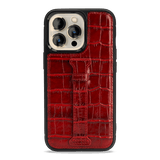 iPhone 13 Pro Leder Case mit Fingerschlaufe Kroko-Prägung rot