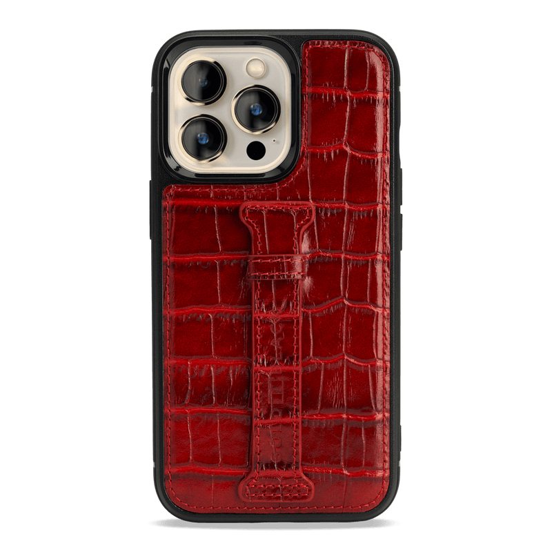 iPhone 13 Pro leather case with finger loop croco embossing red