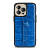 iPhone 13 Pro Leder Case mit Fingerschlaufe Kroko-Prägung blau - GOLDBLACKpremium