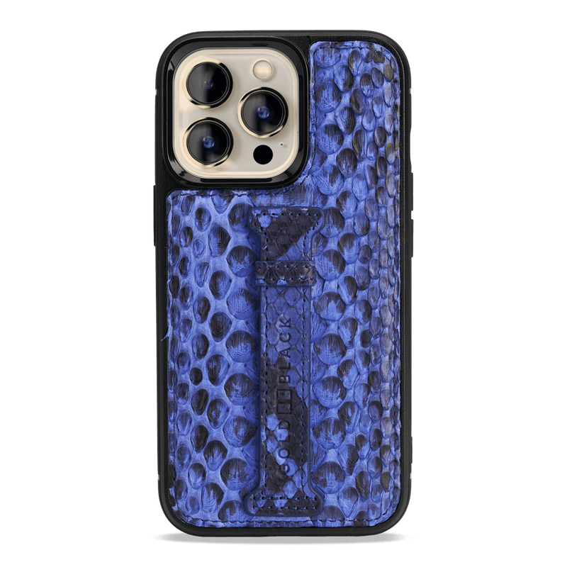 iPhone 13 Pro Leder Case mit Fingerschlaufe Python blau - GOLDBLACKpremium