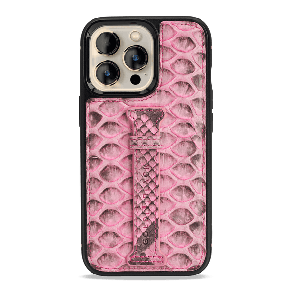 iPhone 13 Pro Leder Case mit Fingerschlaufe Python pink - GOLDBLACKpremium