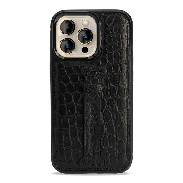 iPhone 13 Pro Leder Case mit Fingerschlaufe Krokodil schwarz - GOLDBLACKpremium