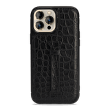 iPhone 13 Pro Max Leder Case mit Fingerschlaufe Krokodil schwarz - GOLDBLACKpremium