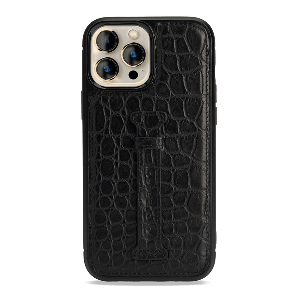 iPhone 13 Pro Max Leder Case mit Fingerschlaufe Krokodil schwarz - GOLDBLACKpremium