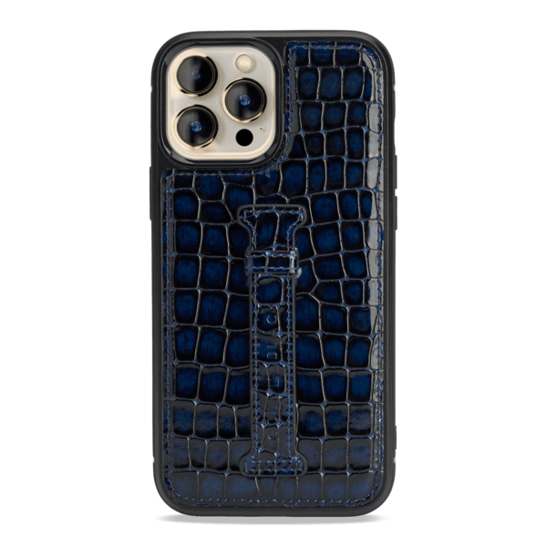 iPhone 13 Pro Max Leder Case mit Fingerschlaufe MILANO-Design blau - GOLDBLACKpremium