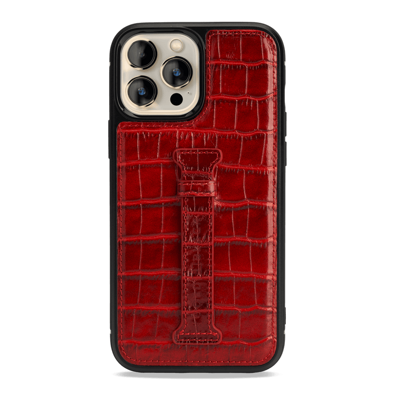 iPhone 13 Pro Max Leder Case mit Fingerschlaufe Kroko-Prägung rot - GOLDBLACKpremium
