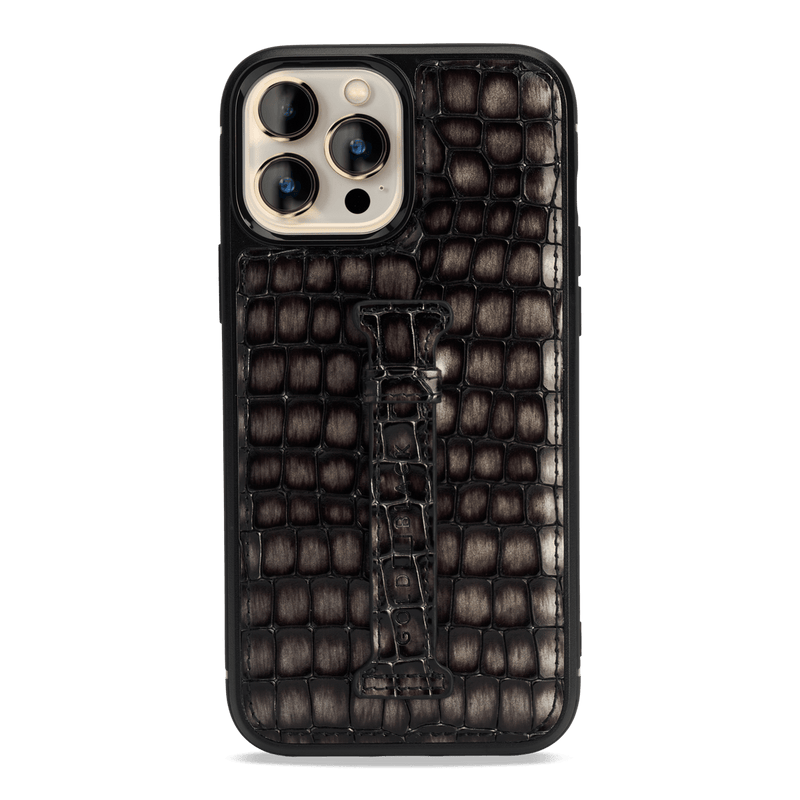 iPhone 13 Pro Max Leather Case with finger loop Milano design gray