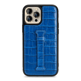 iPhone 13 Pro Max leather case with finger loop croco embossing blue