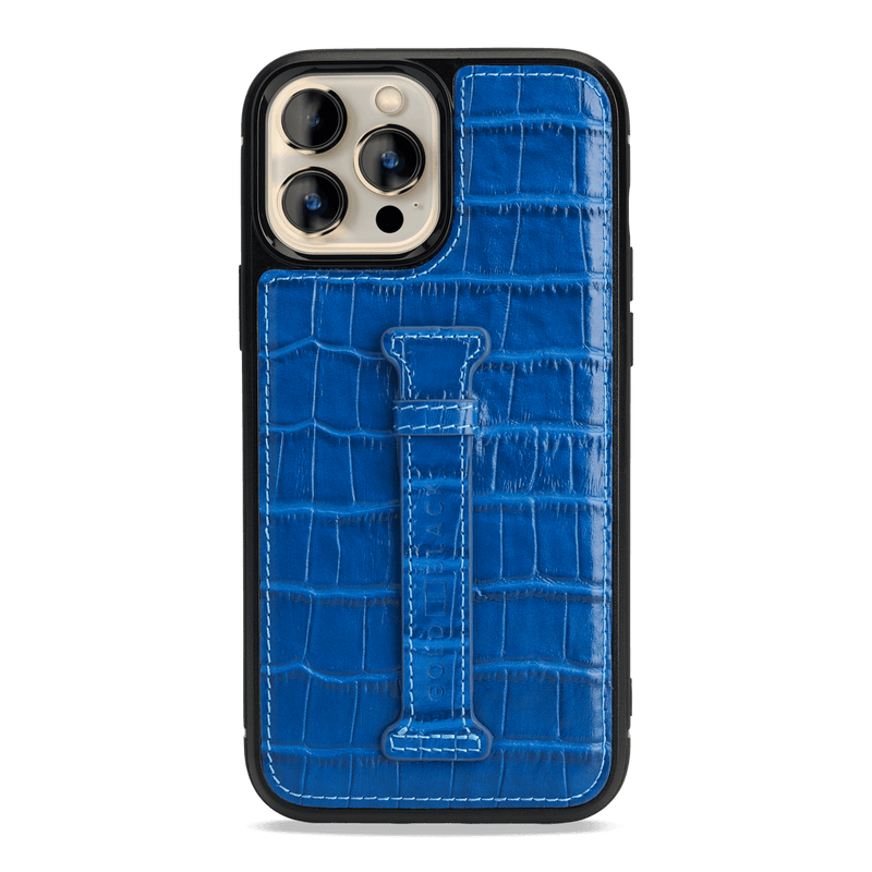 iPhone 13 Pro Max leather case with finger loop croco embossing blue