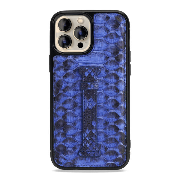 iPhone 13 Pro Max Leder Case mit Fingerschlaufe Python blau - GOLDBLACKpremium