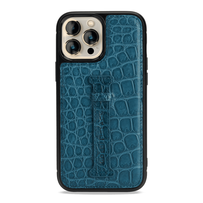 iPhone 13 Pro Max Leder Case mit Fingerschlaufe Krokodil petrol blau - GOLDBLACKpremium