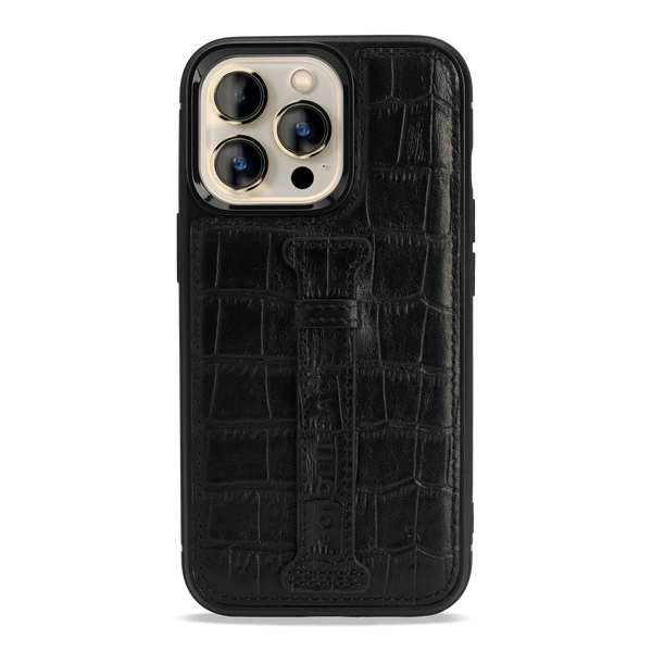 iPhone 13 Pro Leder Case mit Fingerschlaufe Kroko-Prägung schwarz