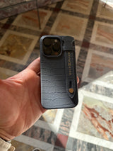 iPhone 14 Pro Slim Leather Case Croc Embossed Gray with Finger Loop