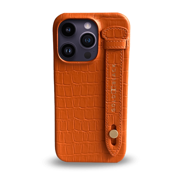 iPhone 14 Pro Slim Lederhülle Kroko-Prägung orange mit Fingerschlaufe - GOLDBLACKpremium