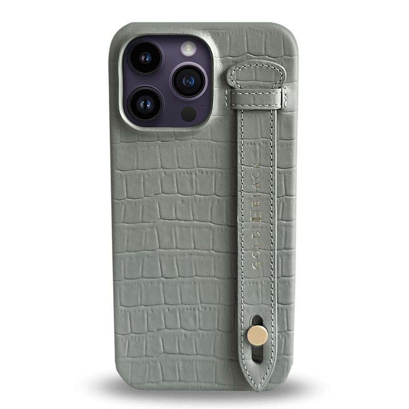iPhone 14 Pro Max Slim Lederhülle Kroko-Prägung Pastel Grün mit Fingerschlaufe - GOLDBLACKpremium