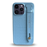 iPhone 14 Pro Max Slim Lederhülle Kroko-Prägung Pastel Blau mit Fingerschlaufe - GOLDBLACKpremium