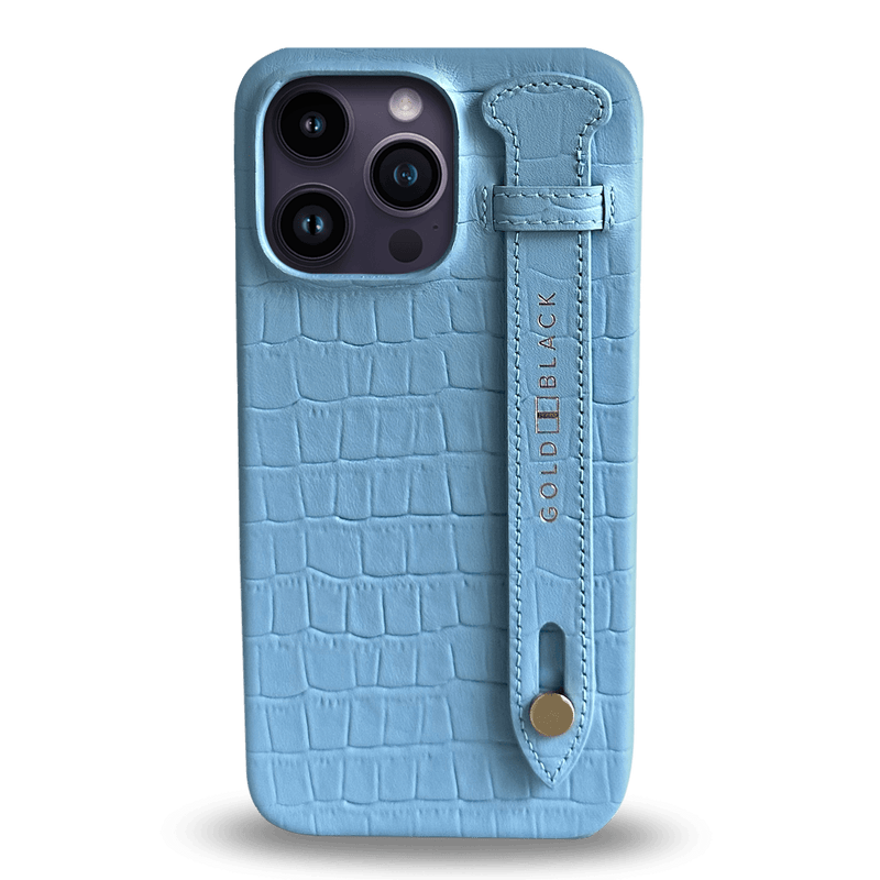 iPhone 14 Pro Max Slim Lederhülle Kroko-Prägung Pastel Blau mit Fingerschlaufe - GOLDBLACKpremium